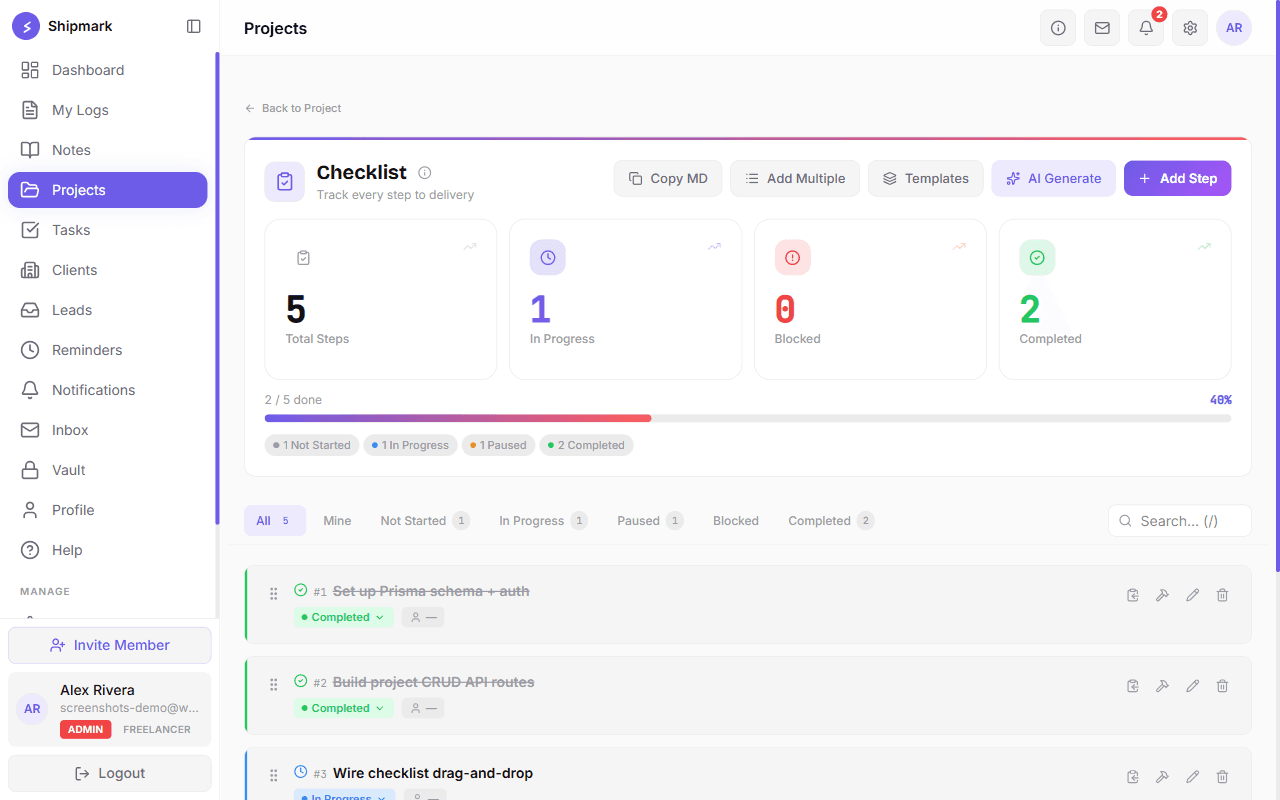 web.shipmark.app/projects/mobile-app/checklist screenshot