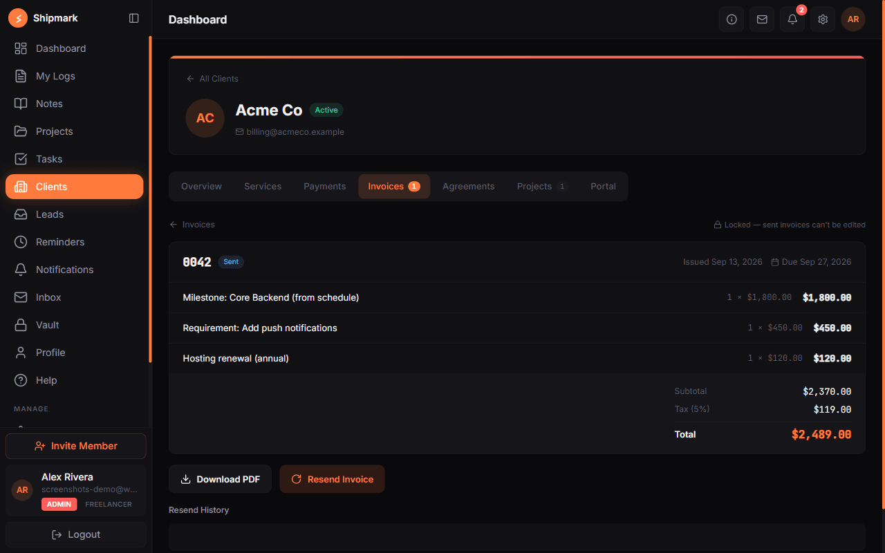 web.shipmark.app/clients/acme-co/invoices screenshot