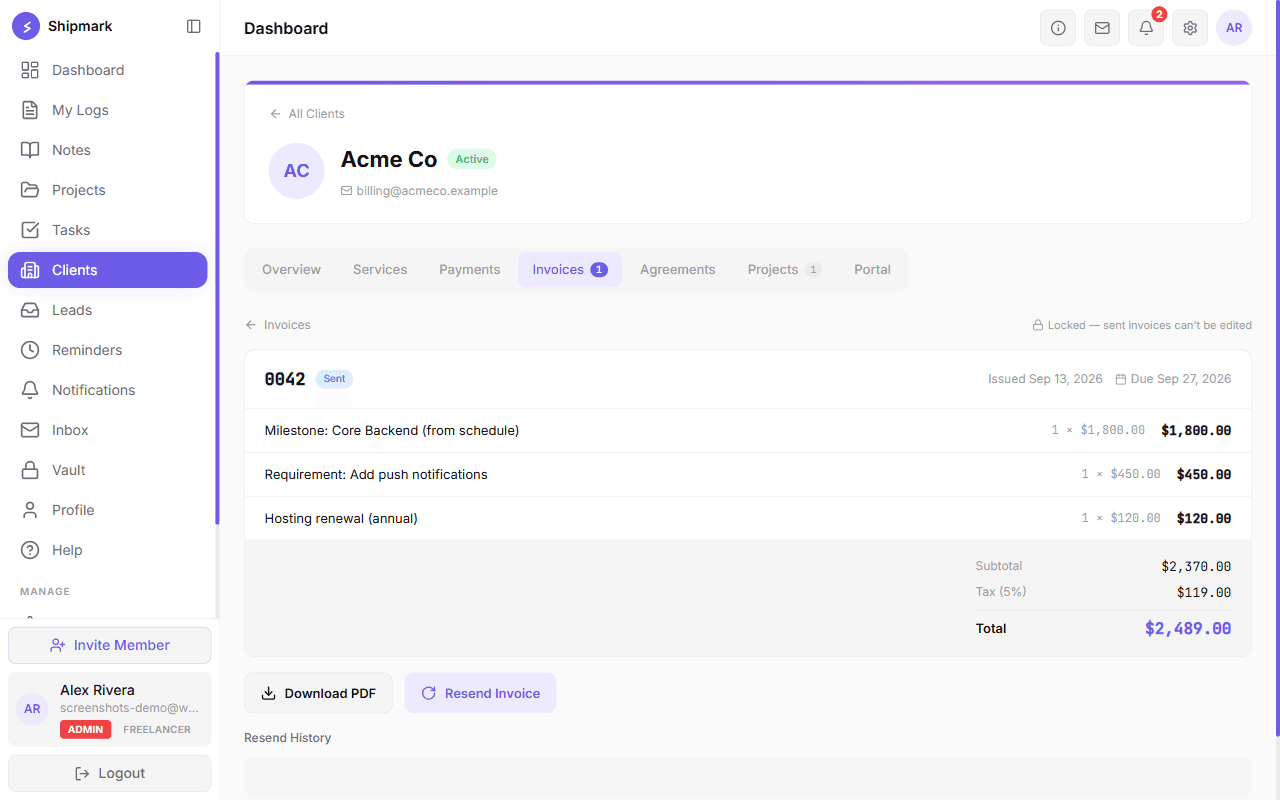 web.shipmark.app/clients/acme-co/invoices screenshot