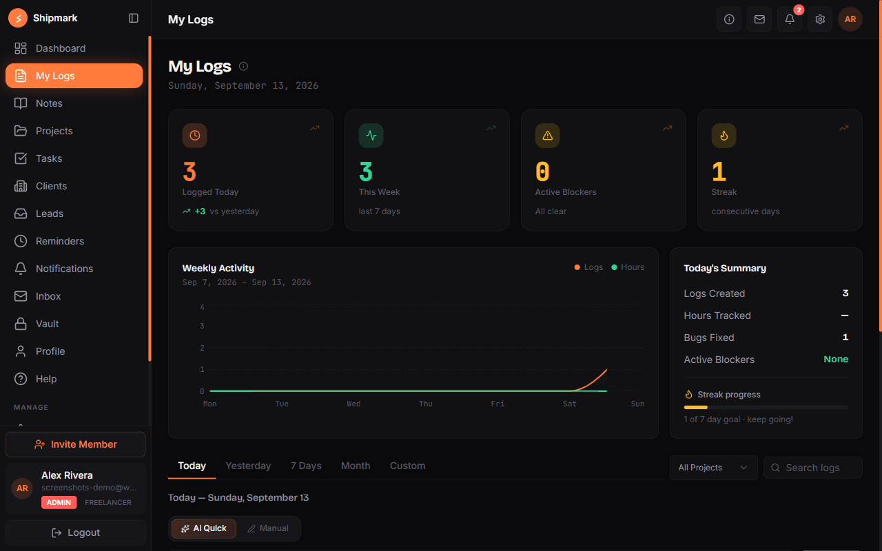 web.shipmark.app/logs screenshot