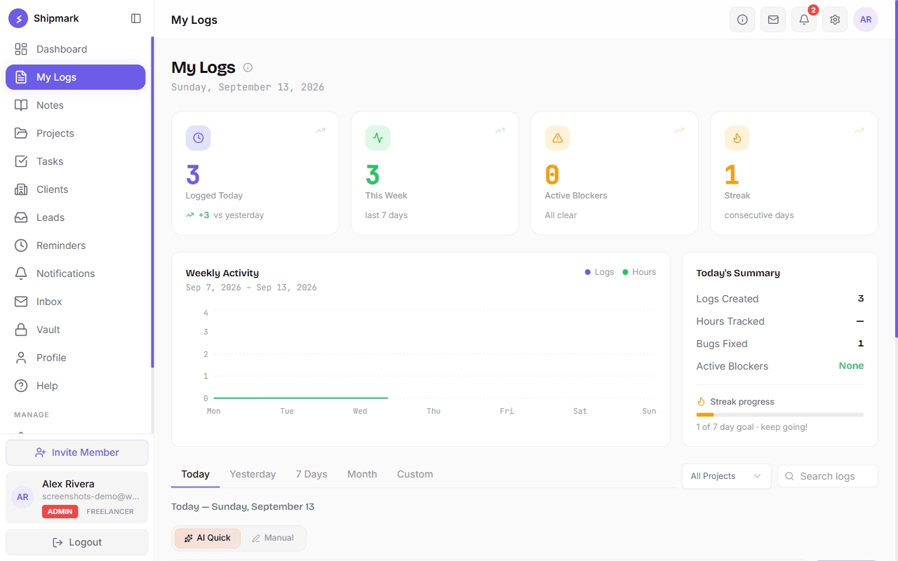 web.shipmark.app/logs screenshot