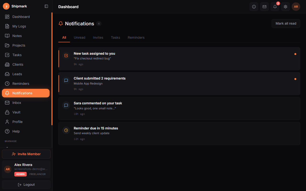 web.shipmark.app/notifications screenshot