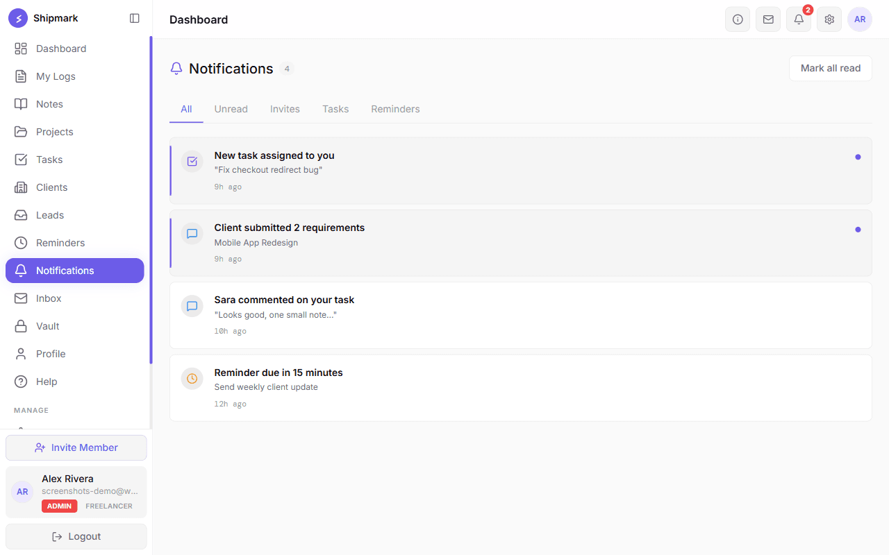web.shipmark.app/notifications screenshot