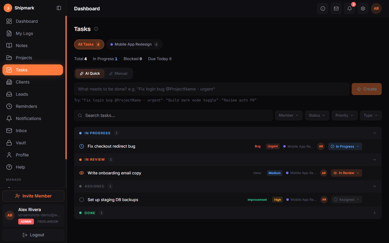 web.shipmark.app/tasks screenshot
